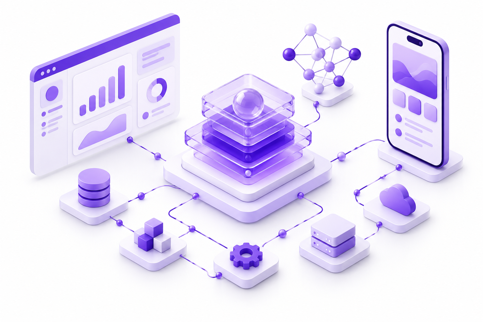 A connected digital laboratory with an AI core, web application, smartphone and automation modules